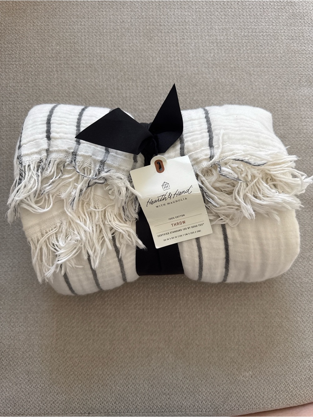 Hearth & Hand Cream Throw with Gray Stripes and Fringe